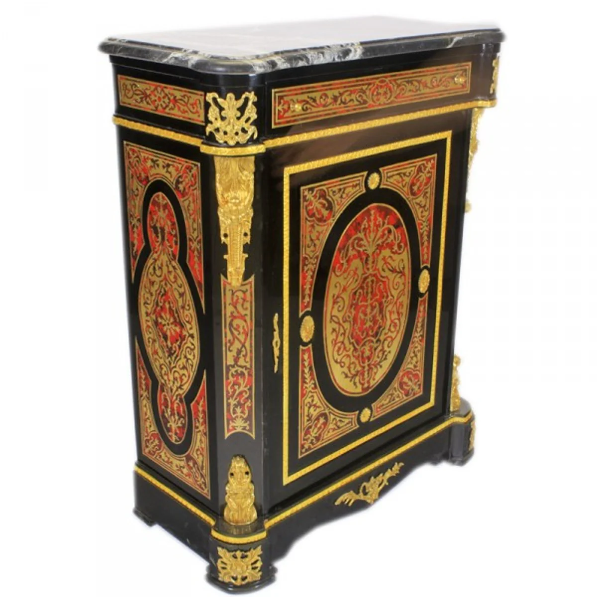 Barock Boulle Kommode Schwarz / Gold / Rot mit Marmorplatte 95 x H105 cm - Möbel Schrank Sideboard