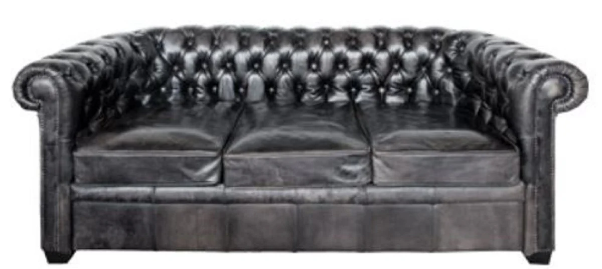 Luxus Chesterfield Büffelleder Sofa Vintage Schwarz 222 x 92 x H. 73 cm - Luxus Möbel