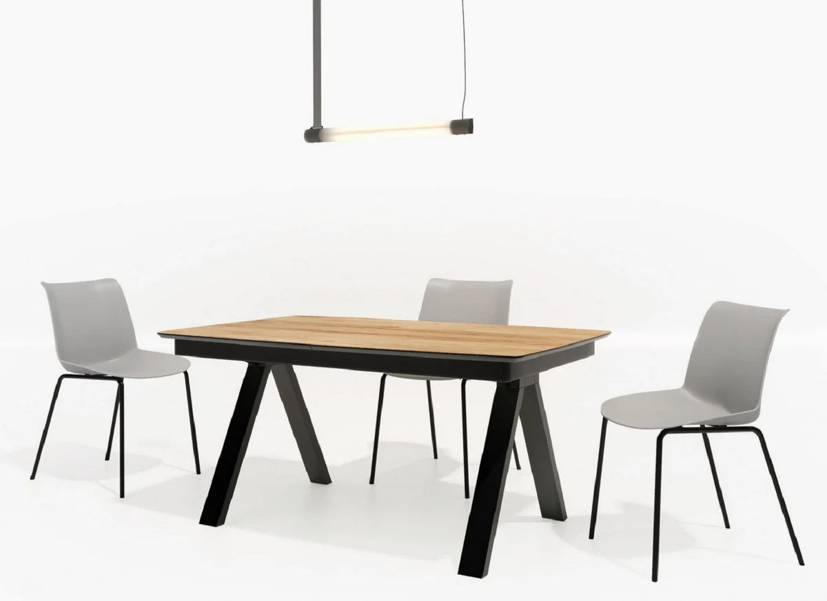 Luxus Esstisch Naturfarben / Schwarz 138-236 x 90 x H. 77 cm - Ausziehbarer Massivholz Konferenztisch - Esszimmer Möbel - Büro Möbel - Massivholz Möbel - Luxus Möbel