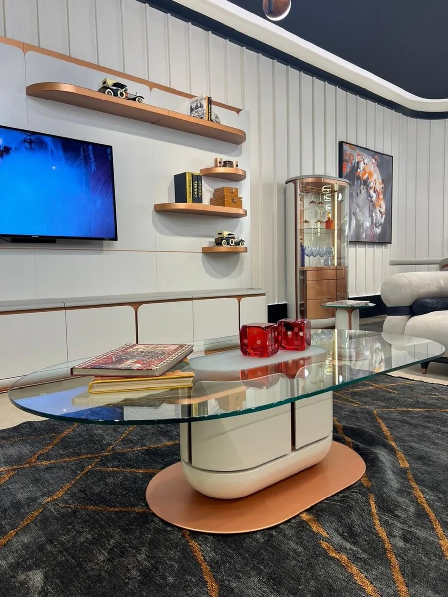 Luxus Barschrank Weiß / Grau / Kupfer 80 x 50 x H. 165 cm - Beleuchteter Massivholz Weinschrank mit 2 Türen - Wohnzimmer Möbel - Bar Möbel - Hotel Möbel - Luxus Kollektion