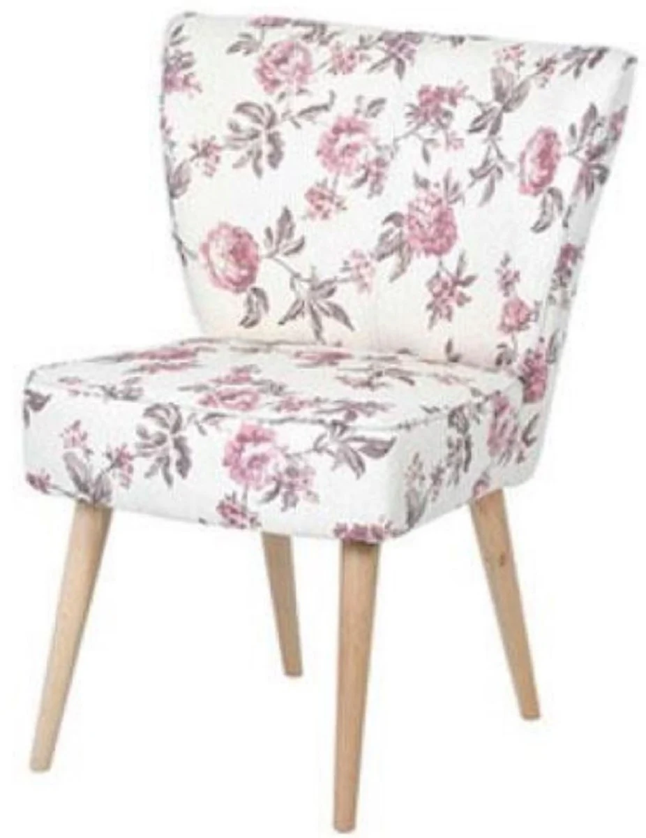 60er Jahre Esszimmer Stuhl Weiß / Rosa / Grau / Naturfarben 51 x 68 x H. 88 cm - Retro Küchen Stuhl mit Blumenmuster - 60er Jahre Esszimmer Möbel - Retro Esszimmer Möbel