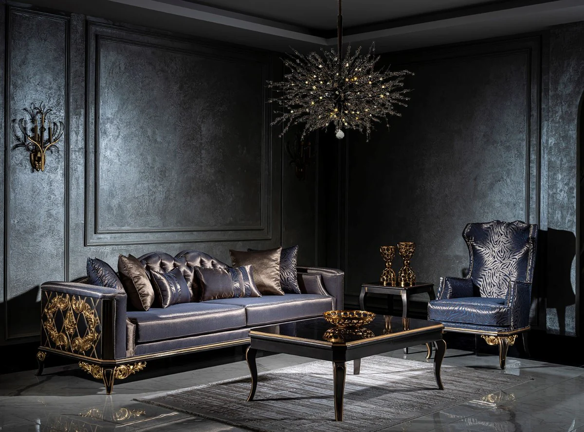 Luxus Barock Wohnzimmer Set Blau / Schwarz / Gold - 2 Sofas & 2 Sessel & 1 Couchtisch - Wohnzimmer Möbel im Barockstil - Edel & Prunkvoll