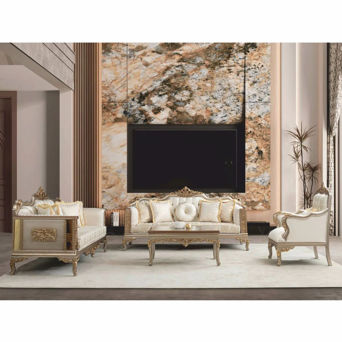 Luxus Barock Wohnzimmer Set Creme / Grau / Gold - Barock Möbel