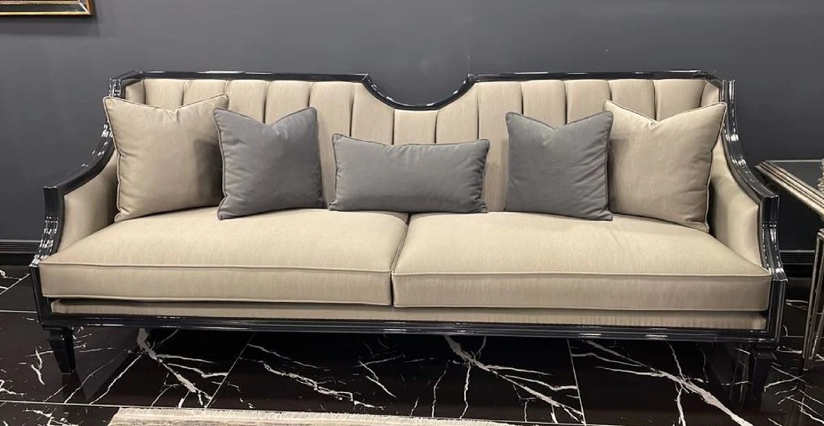 Luxus Art Deco Sofa Beige / Schwarz - Handgefertigtes Massivholz Wohnzimmer Sofa - Luxus Art Deco Wohnzimmer Möbel