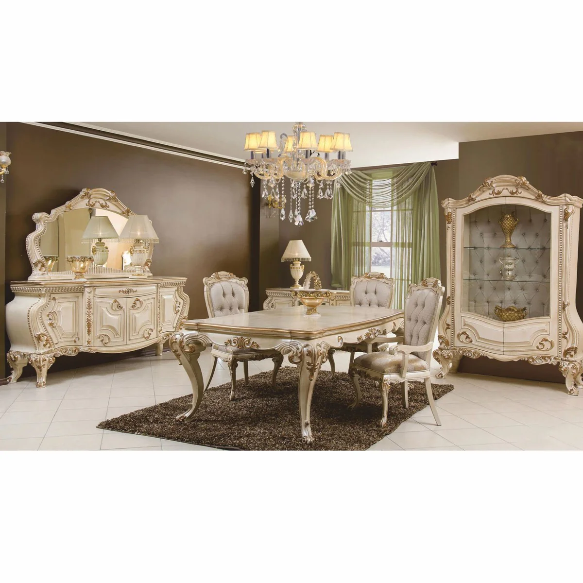 Luxus Barock Esszimmer Set Grau / Creme / Gold - Barock Esszimmer Möbel