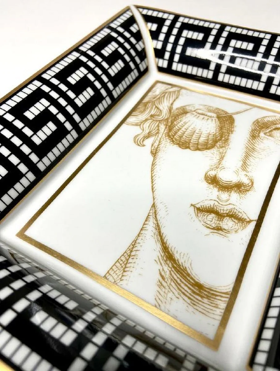 Luxus Deko Schale Frau mit Augenklappe Weiß / Schwarz / Gold 20,5 x 17,5 x H. 13,5 cm - Handbemalte Porzellan Schale - Luxus Qualität - Made in Italy