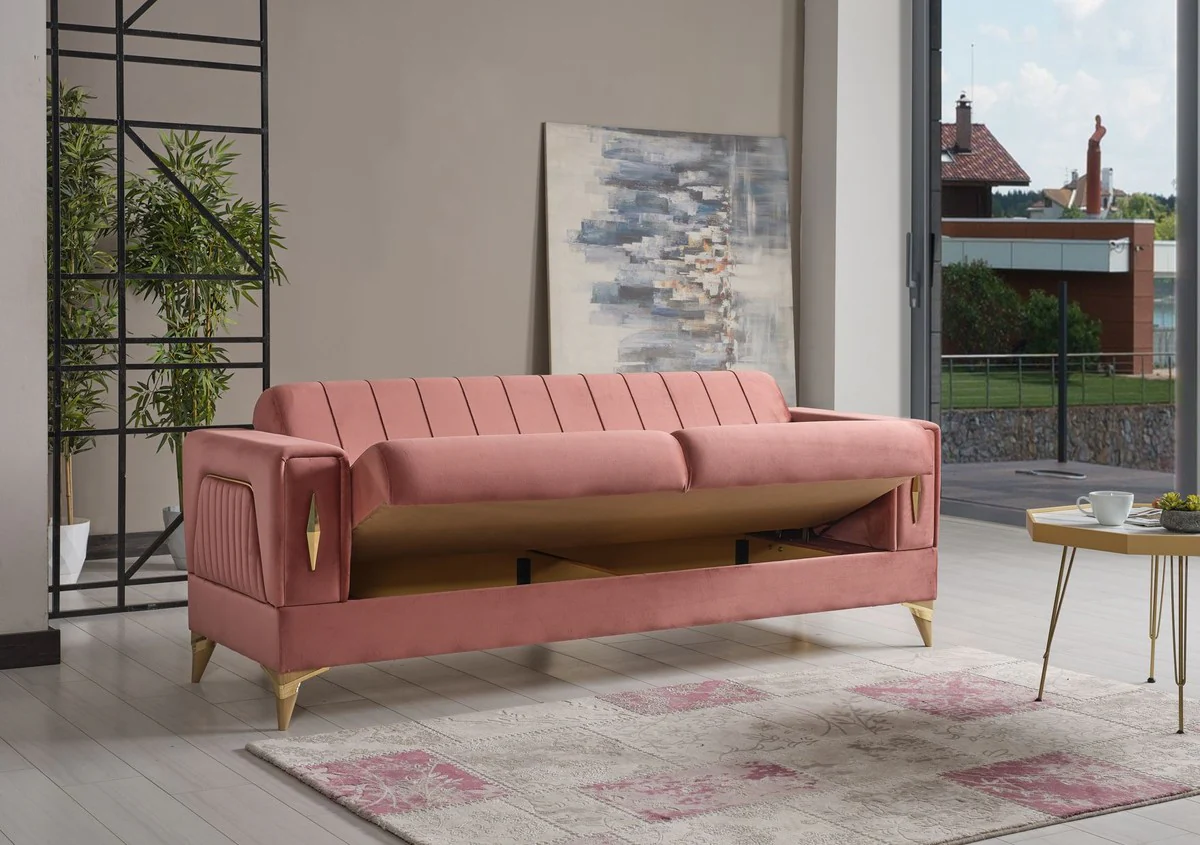 Luxus Schlafsofa Rosa / Gold 222 x 93 x H. 87 cm - Wohnzimmer Sofa mit 5 Kissen - Luxus Wohnzimmer Möbel