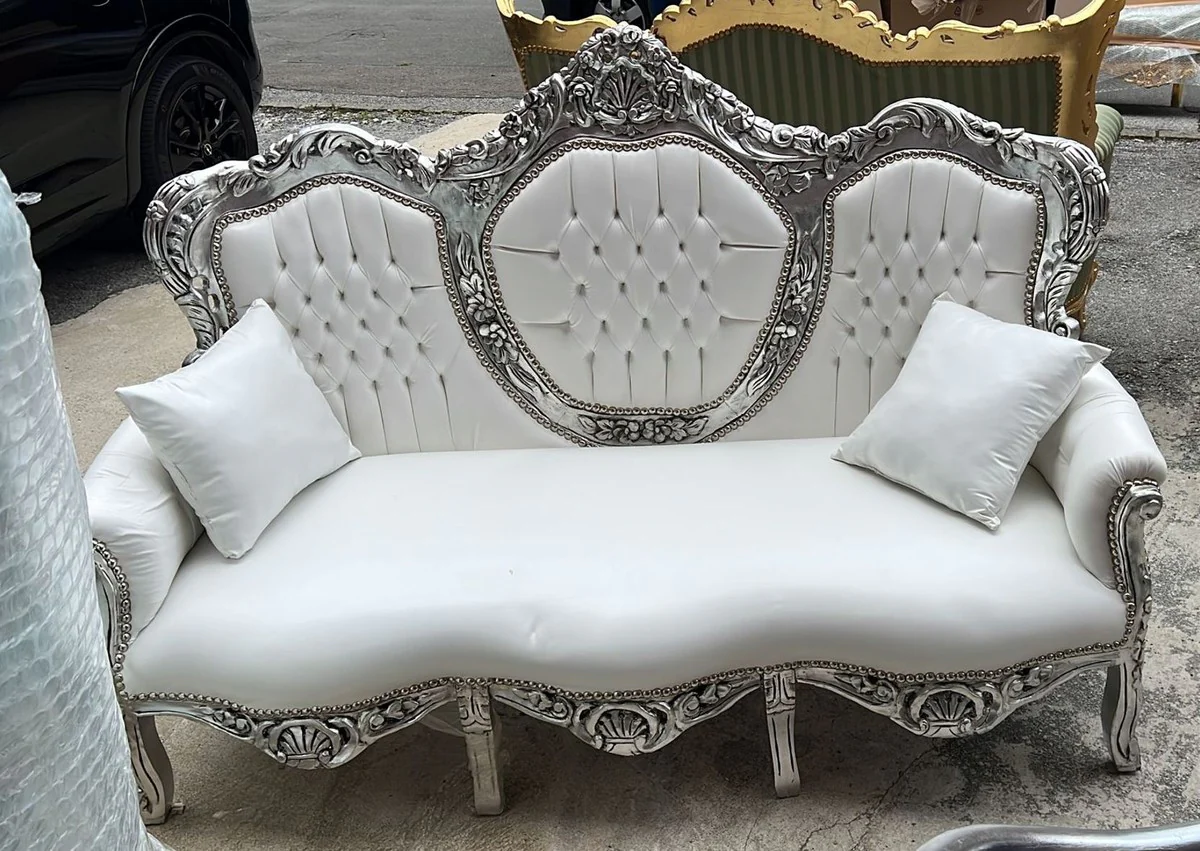 Barock Kunstleder Sofa Weiß / Silber 180 cm - Barock Wohnzimmer Möbel
