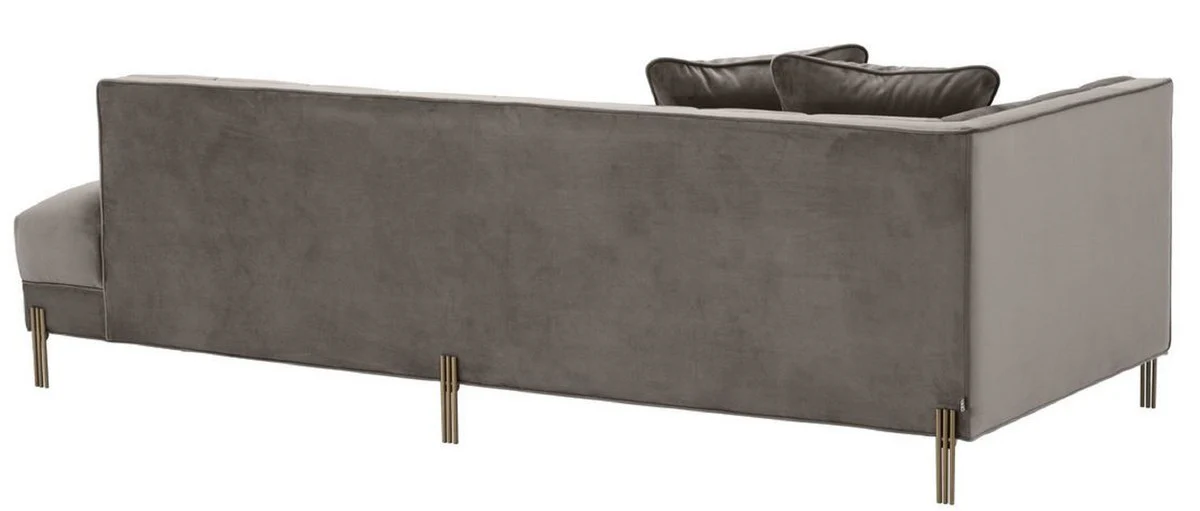 Luxus Lounge Sofa Grau - Greige / Messingfarben 223 x 95 x H. 68 cm - Linksseitiges Wohnzimmer Sofa mit edlem Samtsoff und 2 Kissen
