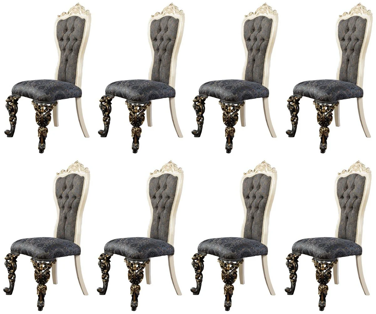 Luxus Barock Esszimmer Stuhl 8er Set Blau / Weiß / Gold - Prunkvolle Barockstil Küchen Stühle - Luxus Esszimmer Möbel im Barockstil - Barock Esszimmer Möbel - Barockstil Möbel