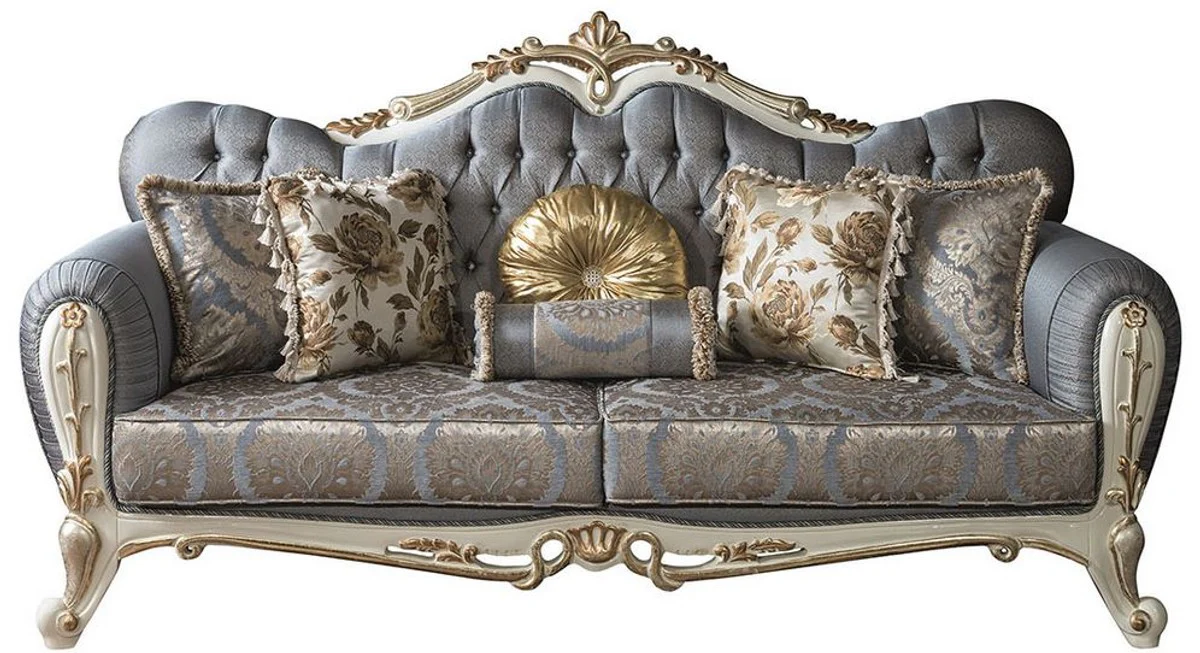 Luxus Barock Wohnzimmer Sofa mit Glitzersteinen und dekorativen Kissen Blau / Weiß / Gold 220 x 85 x H. 110 cm - Edle Wohnzimmer Möbel im Barockstil