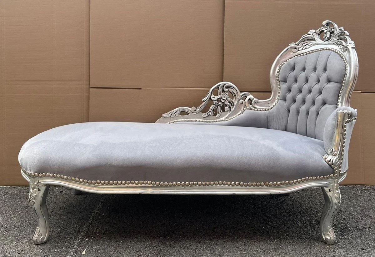 Barock Chaiselongue Rechte Seite Grau / Silber 155 cm - Barock Möbel