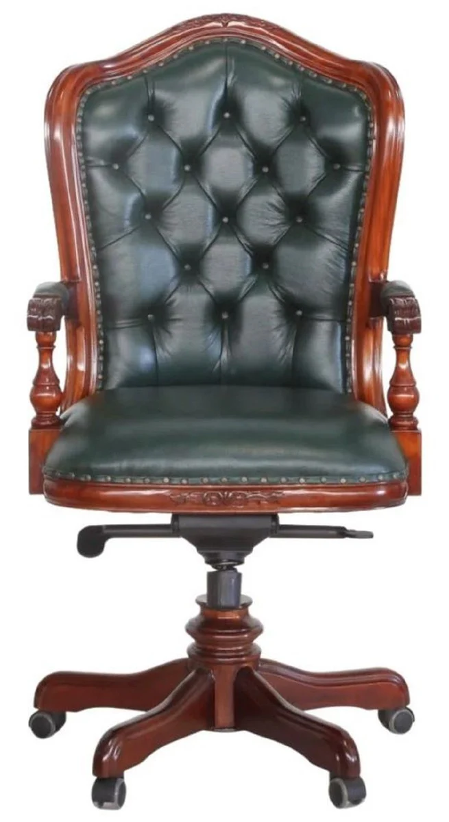 Luxus Barock Chesterfield Echtleder Schreibtischstuhl Dunkelgrün / Braun H. 123 cm - Barock Büro Möbel