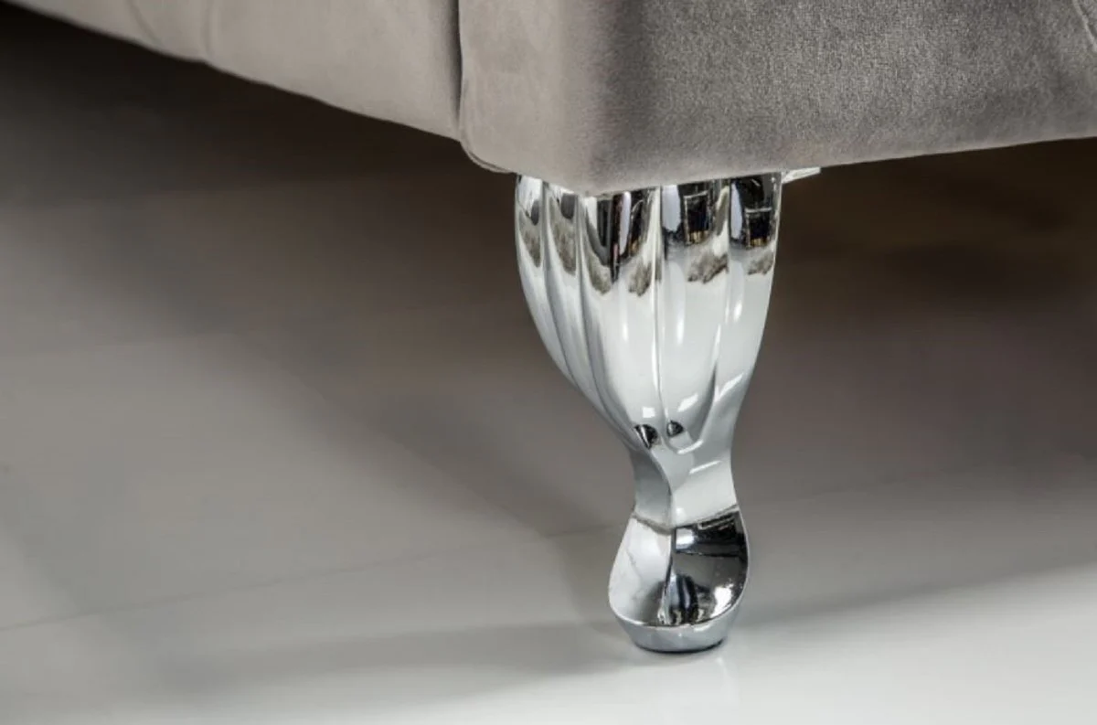 Chesterfield Samt Doppelbett Silbergrau / Silber 190 x 215 x H. 130 cm - Massivholz Bett mit Kopfteil - Chesterfield Schlafzimmer Möbel