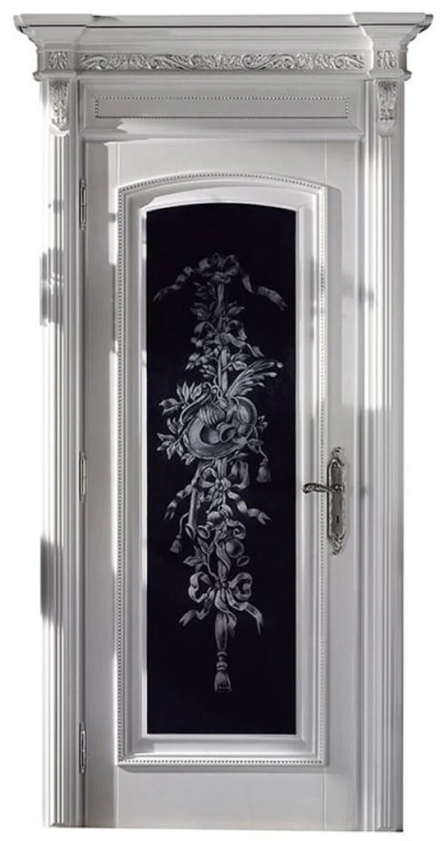 Luxus Barock Wohnungstür Weiß / Schwarz / Silber 126 cm - Made in Italy