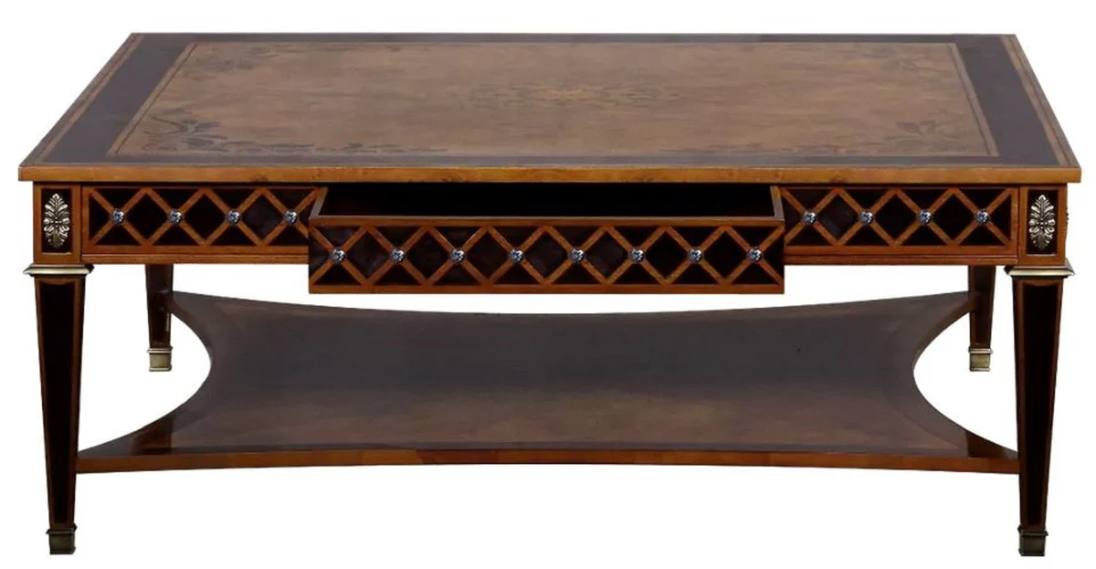 Luxus Art Deco Couchtisch Naturfarben / Braun Intarsien / Silber / Antik Messing 130 x 130 x H. 50 cm - Quadratischer Wohnzimmertisch - Luxus Art Deco Wohnzimmer Möbel