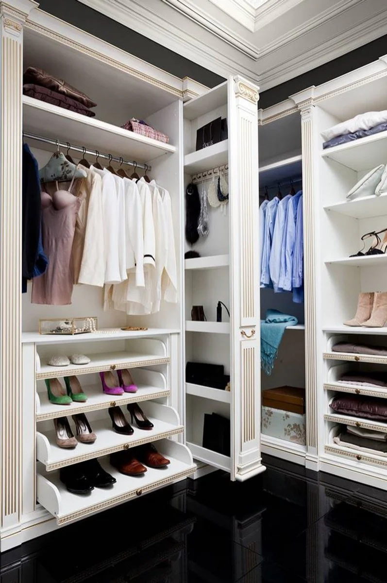 Luxus Barock Kleiderschrank Weiß / Gold - Offener begehbarer Massivholz Kleiderschrank - Edle Schlafzimmer Schrankwand - Hotel Möbel - Schlafzimmer Möbel - Luxus Qualität