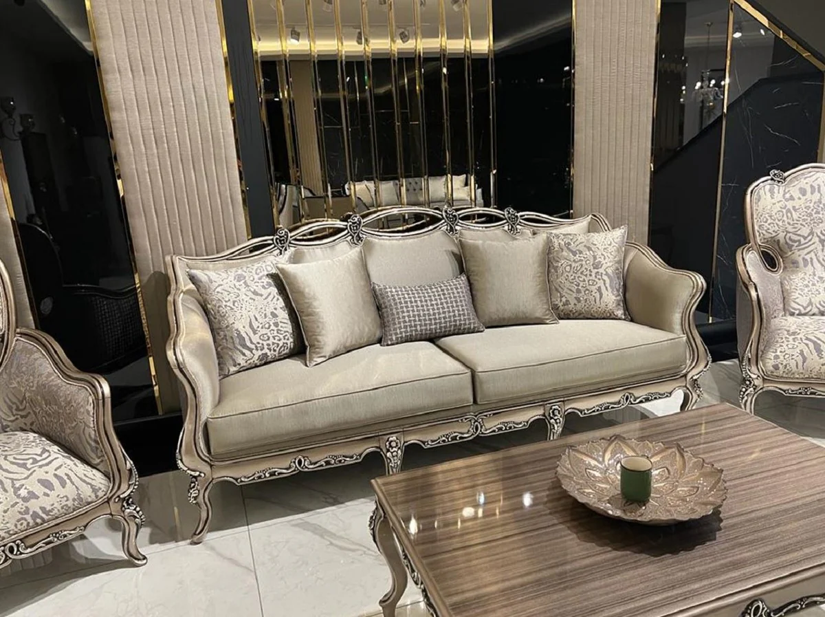 Luxus Barock Sofa Gold / Lila / Gold - Handgefertigtes Wohnzimmer Sofa mit dekorativen Kissen - Wohnzimmer Möbel im Barockstil - Edel & Prunkvoll