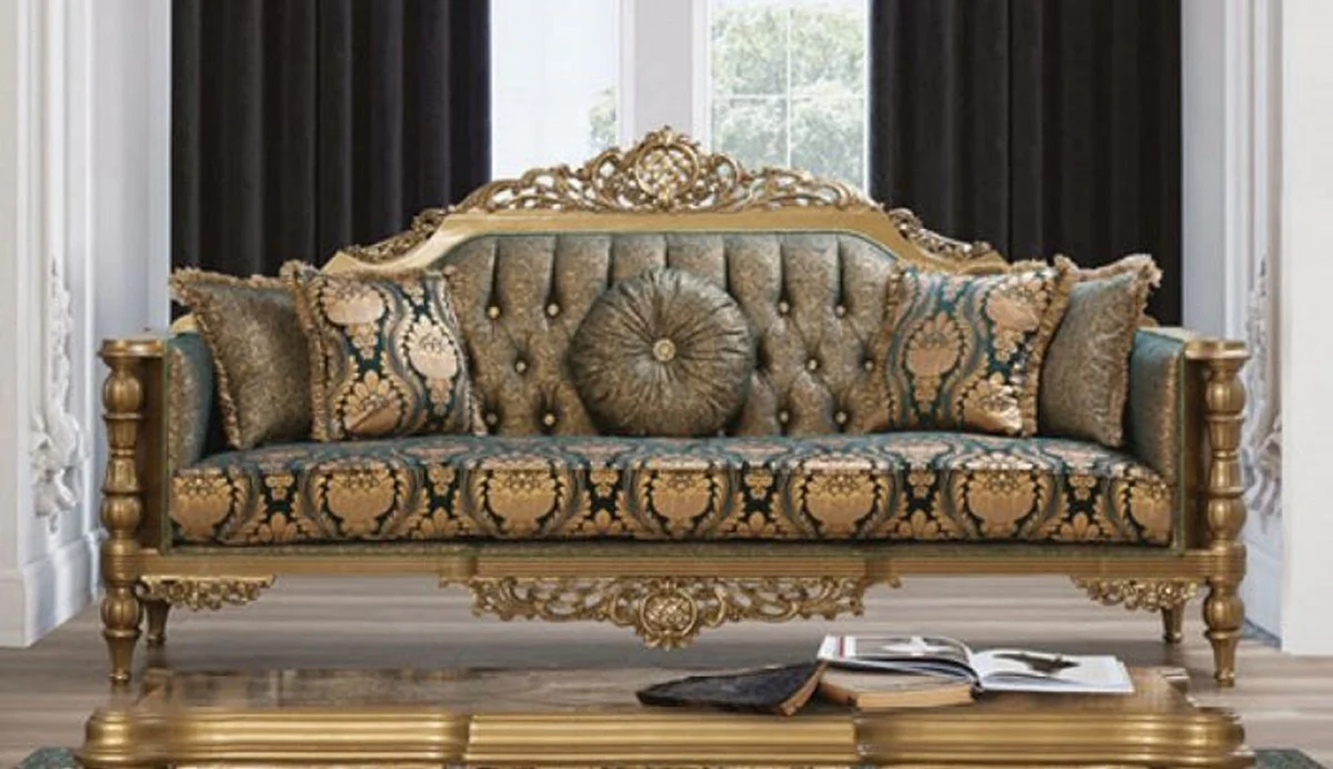 Luxus Barock Wohnzimmer Set Grün / Gold - 2 Sofas & 2 Sessel & 1 Couchtisch - Wohnzimmer Möbel im Barockstil - Edel & Prunkvoll