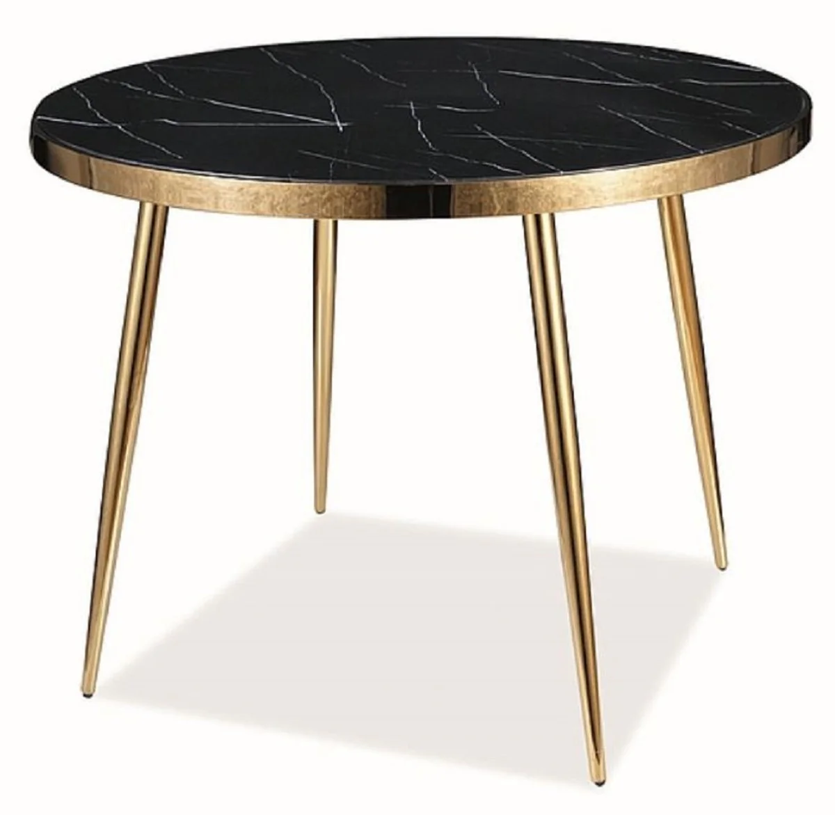Luxus Esstisch Schwarz / Gold Ø 100 x H. 75 cm - Runder Esszimmertisch mit Glasplatte in Marmoroptik - Esszimmer Möbel - Küchen Möbel