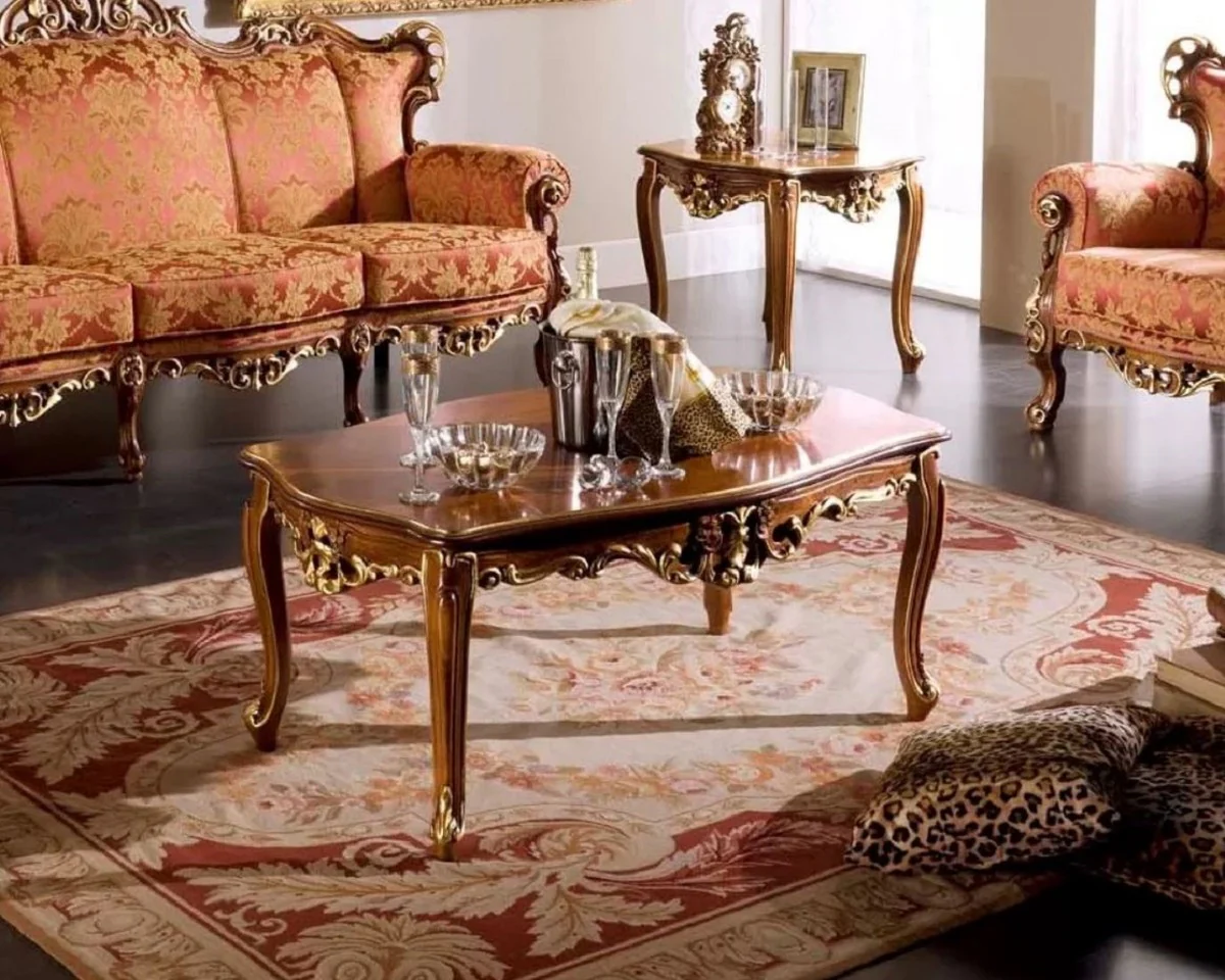 Luxus Barock Couchtisch Braun / Gold - Handgefertigter Massivholz Tisch im Barockstil - Barock Wohnzimmer Möbel - Luxus Qualität - Made in Italy