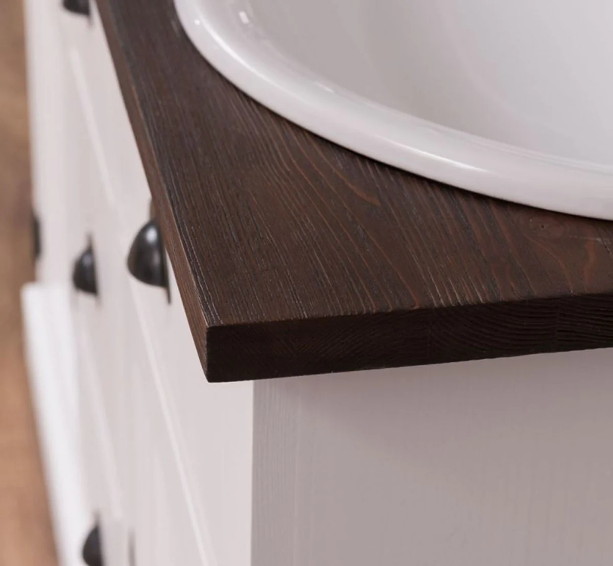 Landhausstil Doppelwaschtisch Weiß / Dunkelbraun 147 x 51 x H. 110 cm - Massivholz Waschbeckenschrank - Badezimmer Möbel im Landhausstil