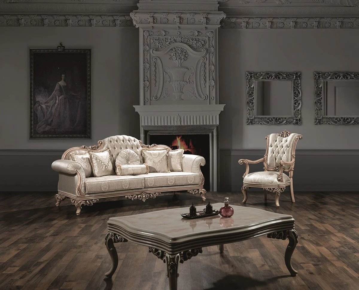 Luxus Barock Couchtisch Creme / Beige 120 x 80 x H. 50 cm - Prunkvoller Wohnzimmertisch mit Glasplatte