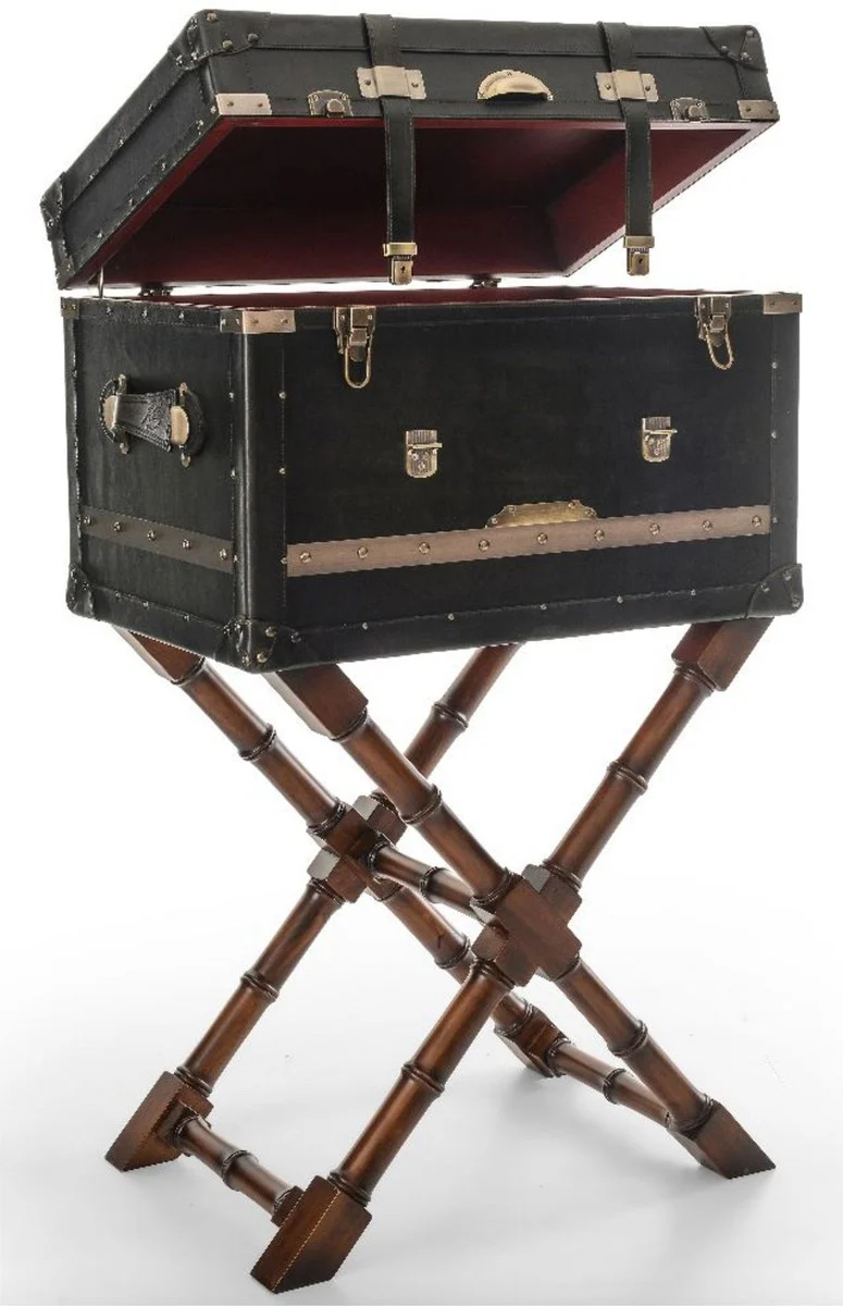 Luxus Minibar in Koffer Optik Schwarz / Braun / Messing 62 x 42 x H. 99 cm - Minibar mit edlem Echtleder - Bar Möbel - Luxus Möbel in Koffer Optik