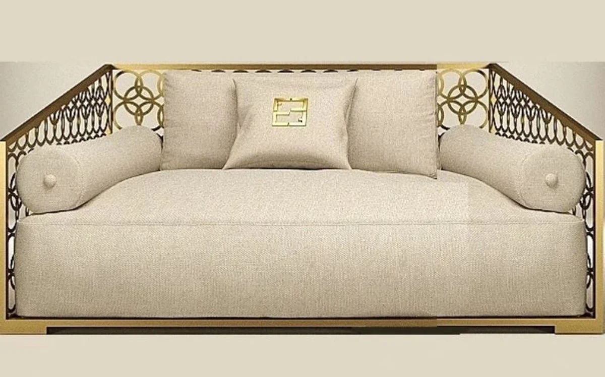 Luxus 2er Sofa Elfenbeinfarben / Champagner-Gold 250 x 109 cm - Handgefertigtes Sofa mit Kissen - Wohnzimmer Sofa - Garten Sofa - Terrassen Sofa - Hotel Möbel - Luxus Qualität