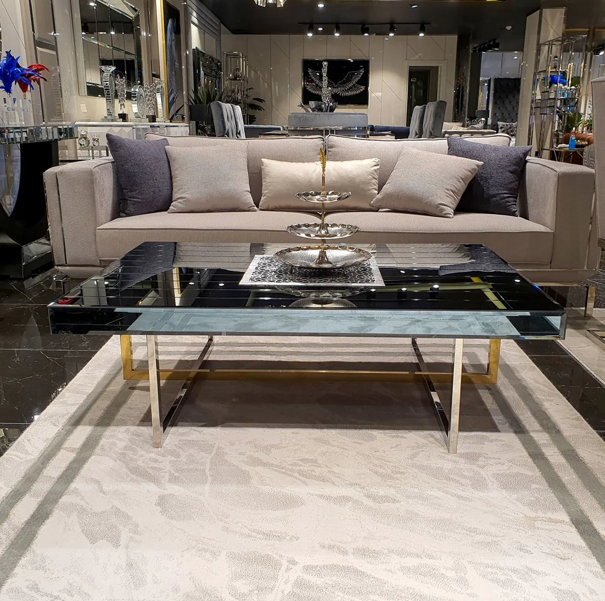 Luxus Couchtisch Silber / Gold 120 x 60 x H. 43 cm - Verspiegelter Wohnzimmertisch - Verspiegelte Luxus Wohnzimmer Möbel