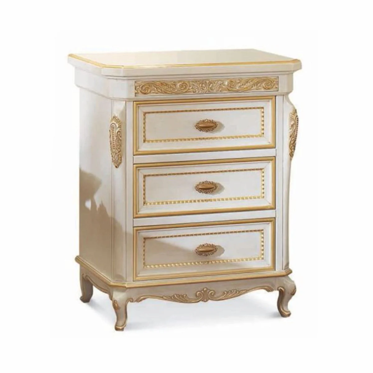 Luxus Barock Nachtkommode mit 3 Schubladen Elfenbein / Gold - Made in Italy