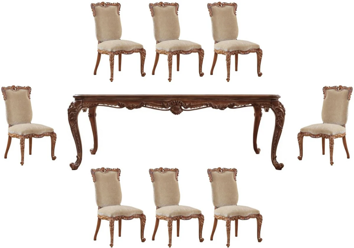 Luxus Barock Esszimmer Set Beige / Braun - 1 Barock Esstisch & 8 Barock Esszimmerstühle - Prunkvolle Esszimmer Möbel im Barockstil