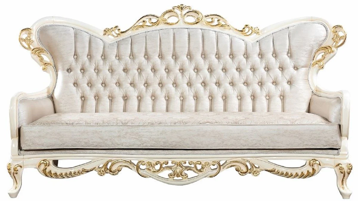 Luxus Barock Sofa Silber / Weiß / Gold - Handgefertigtes Barockstil Wohnzimmer Sofa mit elegantem Muster - Prunkvolle Barock Wohnzimmer Möbel
