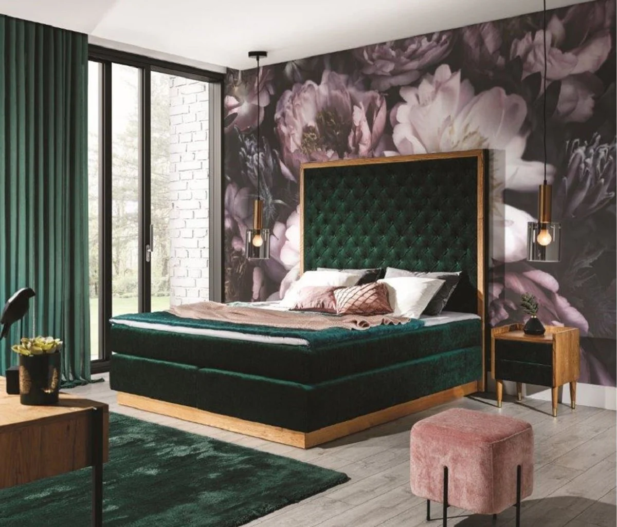 Luxus Doppelbett Dunkelgrün / Naturfarben - Verschiedene Größen - Modernes Massivholz Bett mit Kopfteil - Moderne Schlafzimmer Möbel - Luxus Kollektion