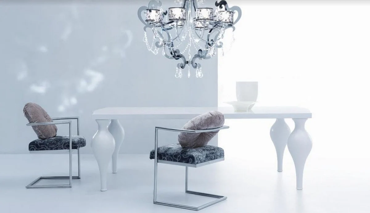 Neoklassik Esstisch Hochglanz Weiß 220 x 110 x H. 75,5 cm - Massivholz Küchentisch - Esszimmer Möbel im Neoklassischem Stil