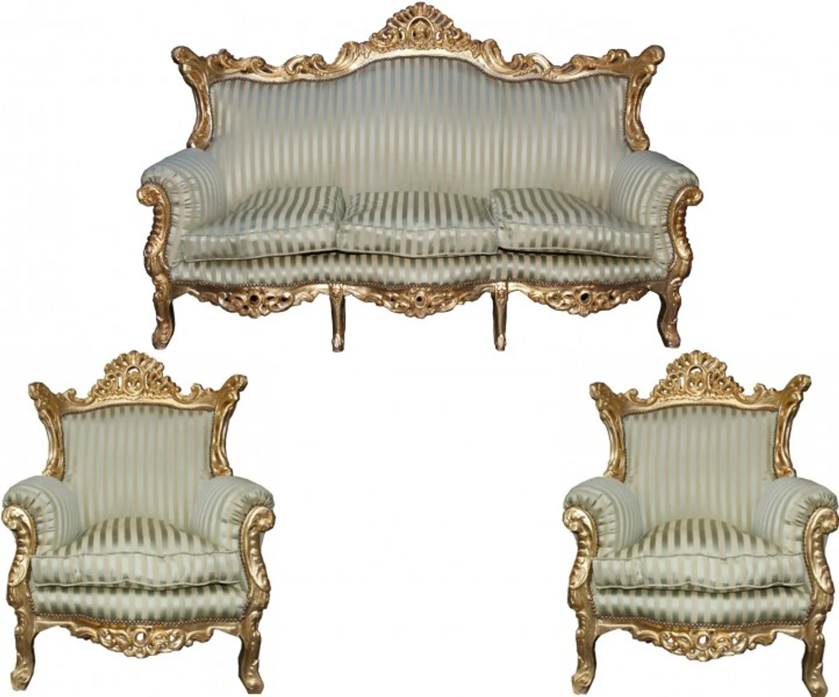 Barock Wohnzimmer Set Master Jadegrün /Beige / Gold Mod2 - 3-er Sofa + 2 Sessel