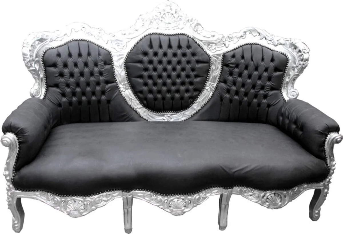 Barock Sofa King Schwarz Lederoptik / Silber - Wohnzimmer Möbel Couch Lounge