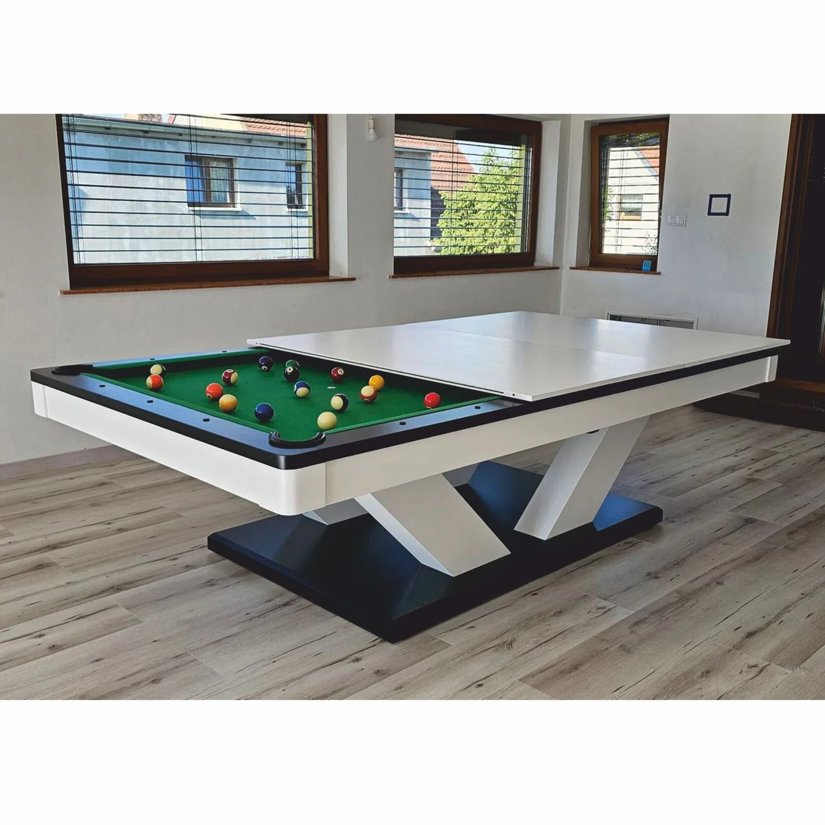 Luxus Pool Billardtisch / Esstisch 8ft Weiß / Schwarz / Grün