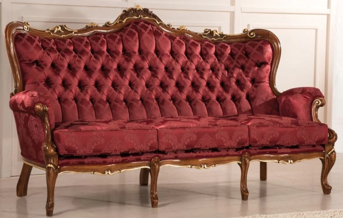 Luxus Barock Wohnzimmer Sofa mit elegantem Muster Bordeauxrot / Braun / Gold 200 x 90 x H. 115 cm - Barockstil Wohnzimmer Möbel - Edel & Prunkvoll