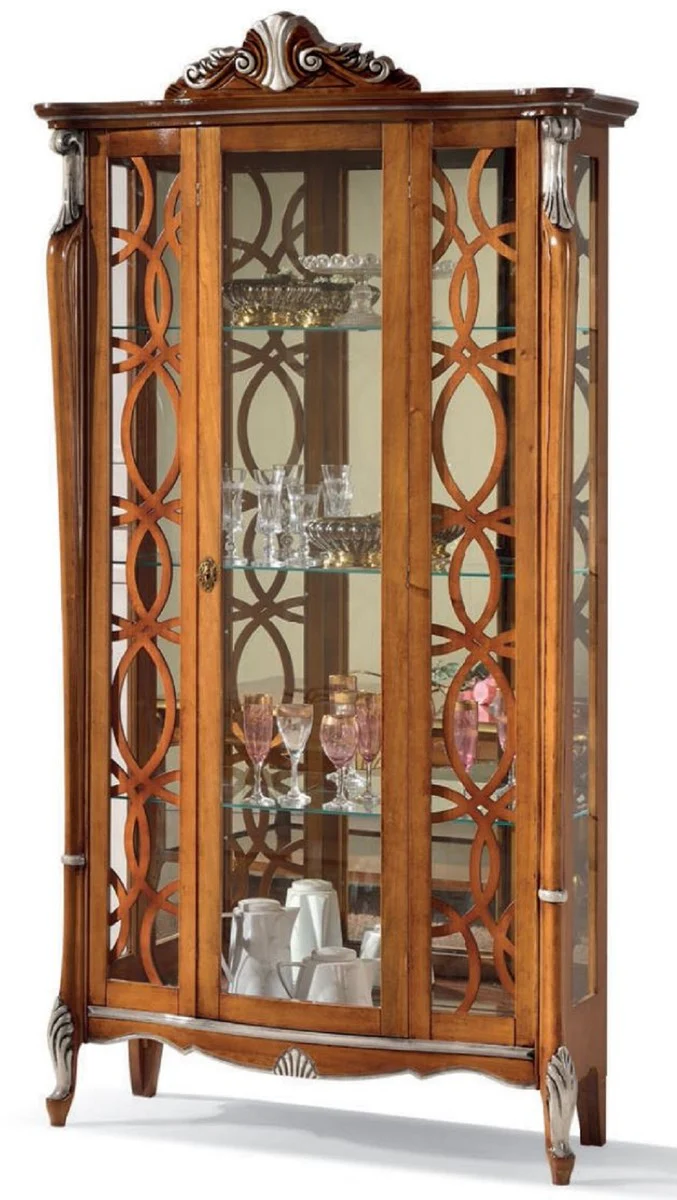 Luxus Barock Vitrine Braun / Silber - Handgefertigter italienischer Barockstil Vitrinenschrank - Barockstil Möbel - Italienische Barock Möbel - Luxus Qualität - Made in Italy