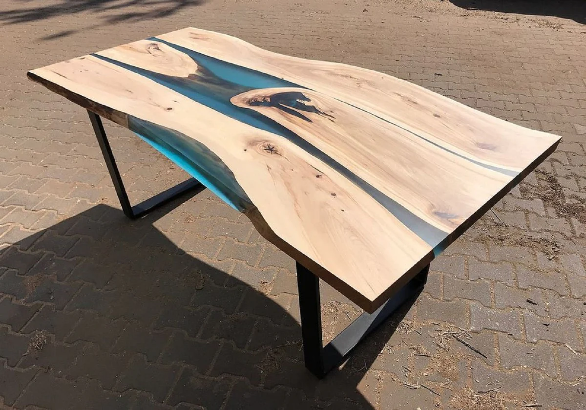 Luxus Esstisch Naturfarben / Blau / Schwarz 160 cm