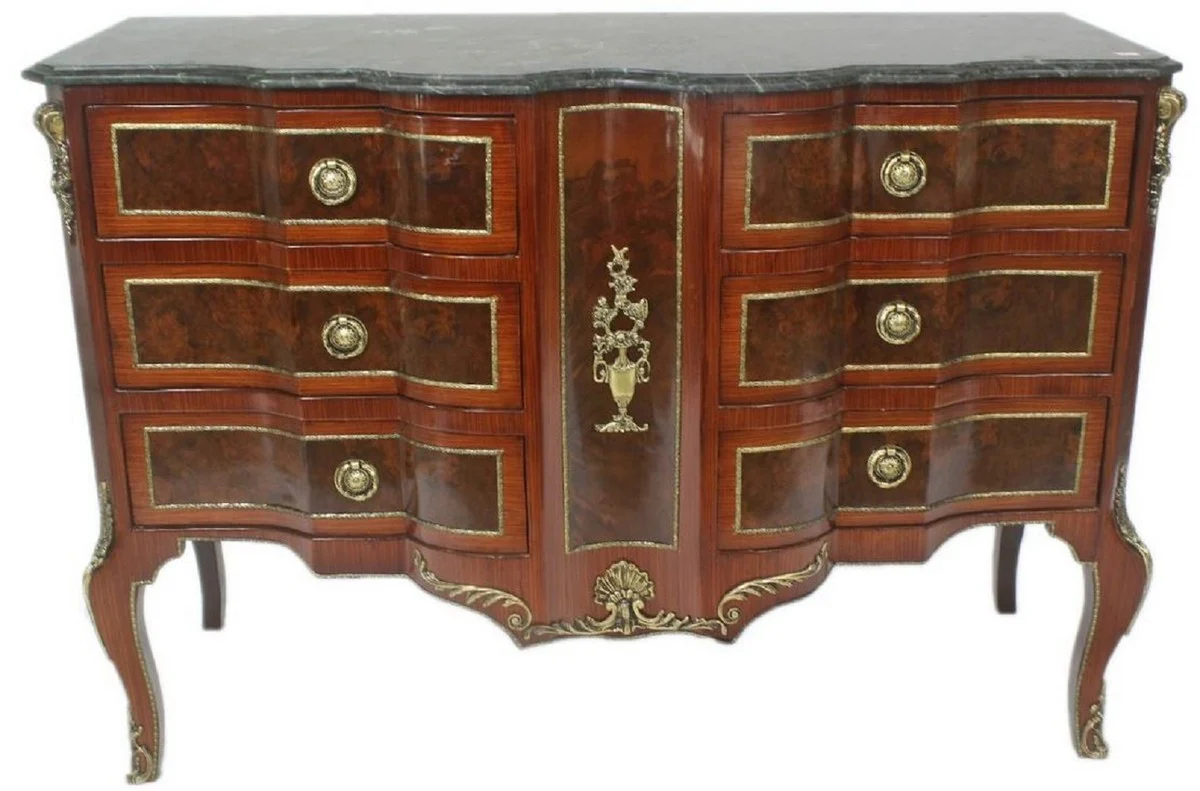 Barock Kommode Braun / Gold / Grün 130 x 50 x H. 90 cm - Handgefertigte Massivholz Kommode mit 6 Schubladen und Marmorplatte - Barock Möbel