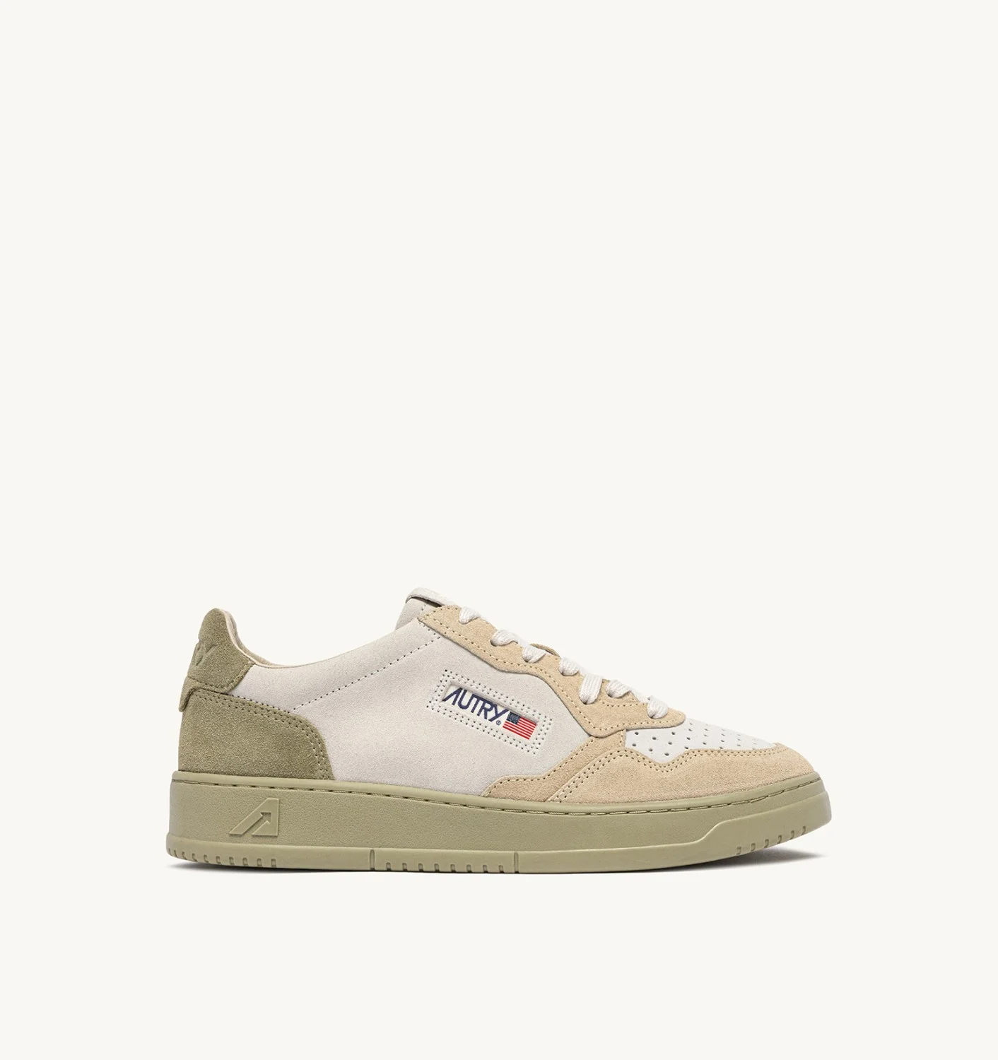 AUTRY MEDALIST LOW TRICOLOR SNEAKERS IN WHITE CIGAR AND VAPOR SUEDE
