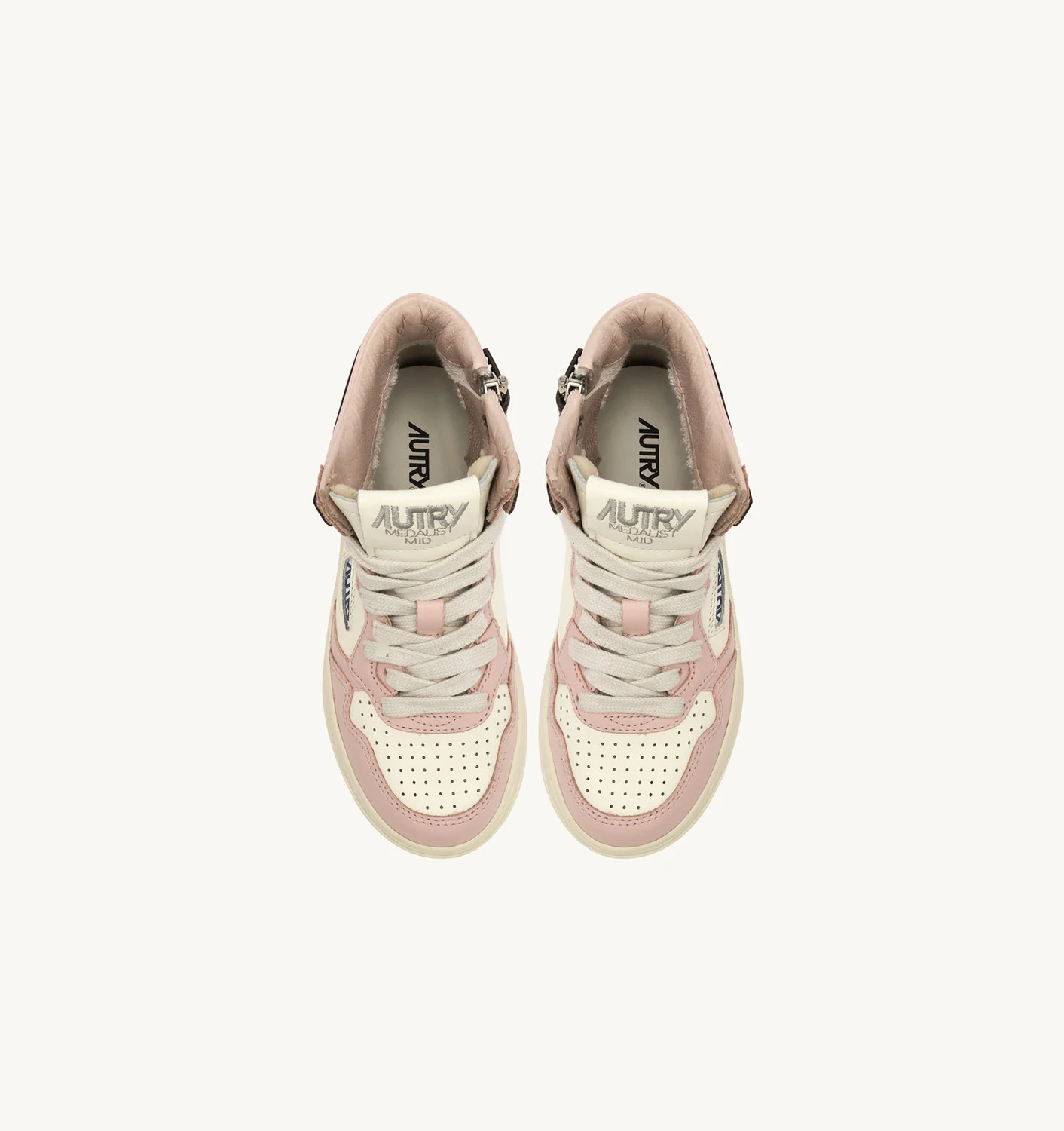 AUTRY MEDALIST KIDS MID SNEAKERS IN WHITE BROWN AND PINK LEATHER
