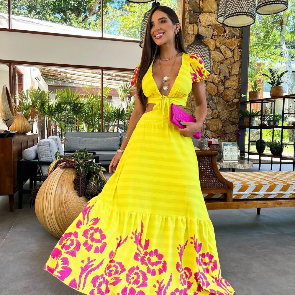 Fashion Yellow V-neck short-sleeved long dress For Women