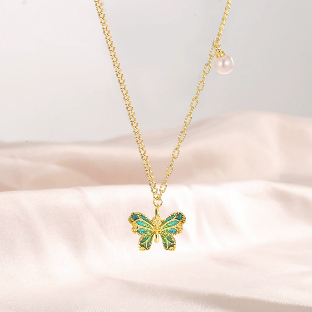New Chinese enamel oil drip butterfly necklace light luxury pearl clavicle chain