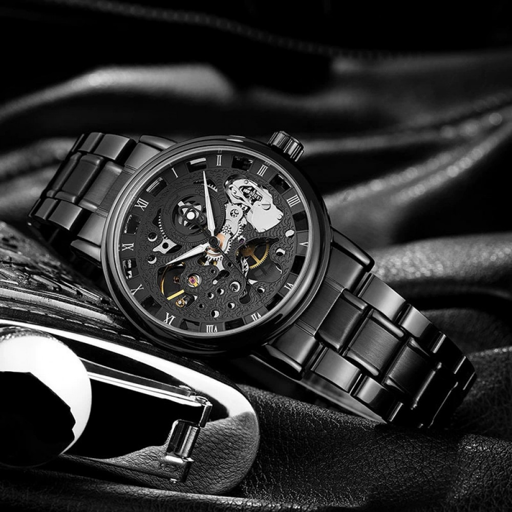 Retro Fashion Waterproof Men's Quartz Watch Black Steel Strap