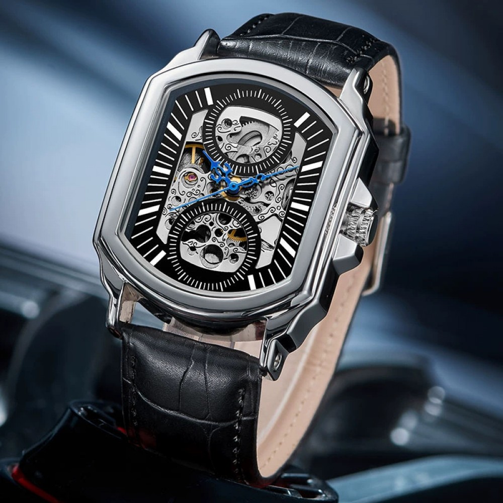 Square trendy fashion watch for men black leather strap quartz watch