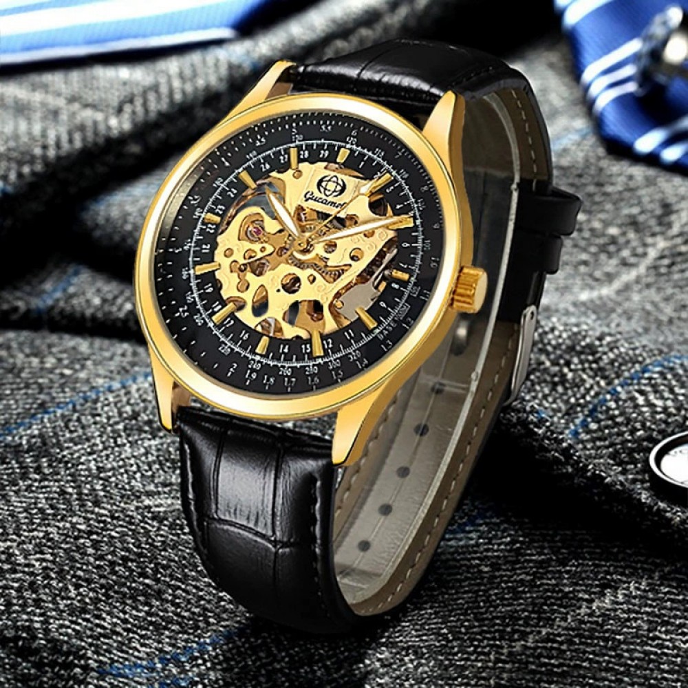 Fashion business black gold men's watch leather strap