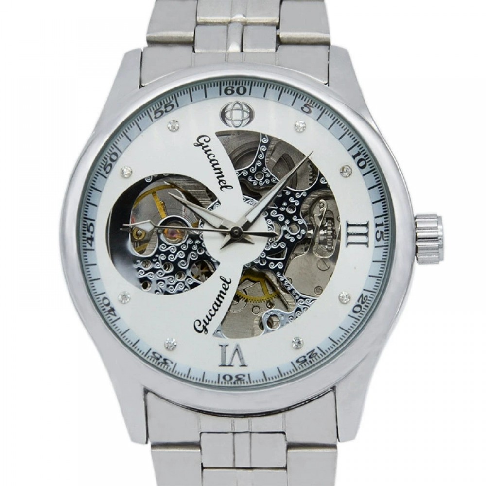 Men's fashion mechanical watch Hollow transparent bottom automatic mechanical watch white